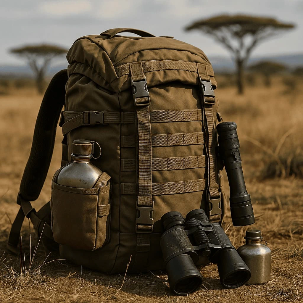 Tactical hunting backpack with canteen, flashlight, and binoculars in African savanna