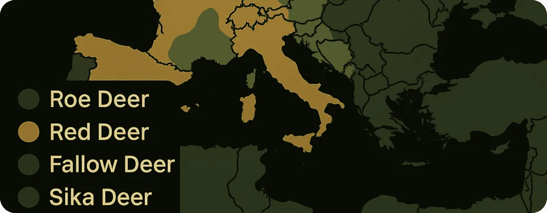 Stylized map showing the distribution of Roe Deer, Red Deer, Fallow Deer, and Sika Deer across Europe for the European Deer Slam
