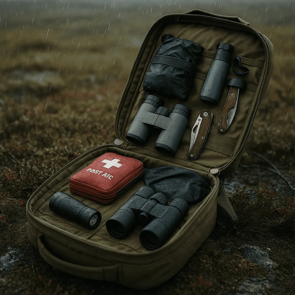 Essential gear pack for the European Deer Slam, including a first-aid kit, binoculars, flashlight, and survival tools in a tundra setting