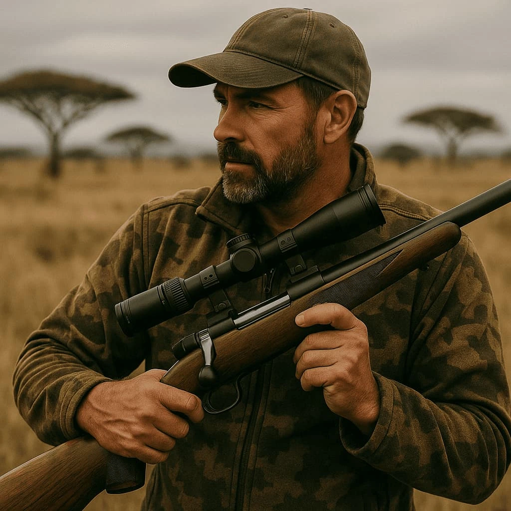 Hunter holding a .375 H&H Magnum rifle with scope in the African savannah