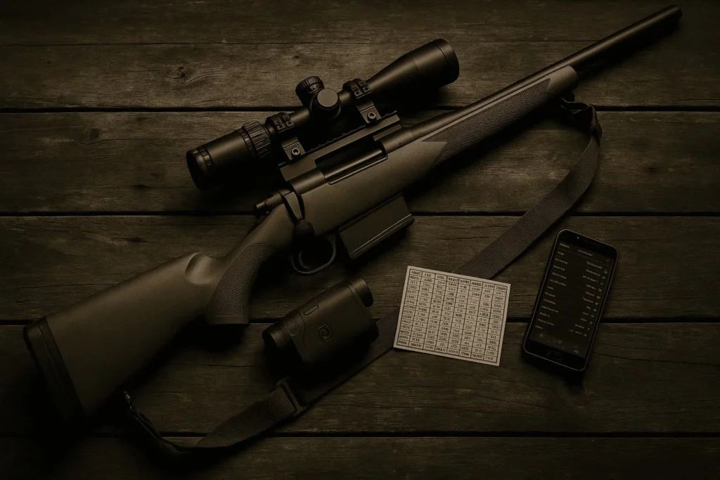 Hunting rifle with scope, rangefinder, ballistic chart, and mobile ballistics calculator laid out on wooden background – essential gear for North American Super Slam