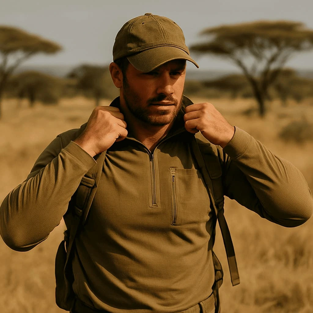 A hunter putting on lightweight technical clothing designed for African heat and brush terrain