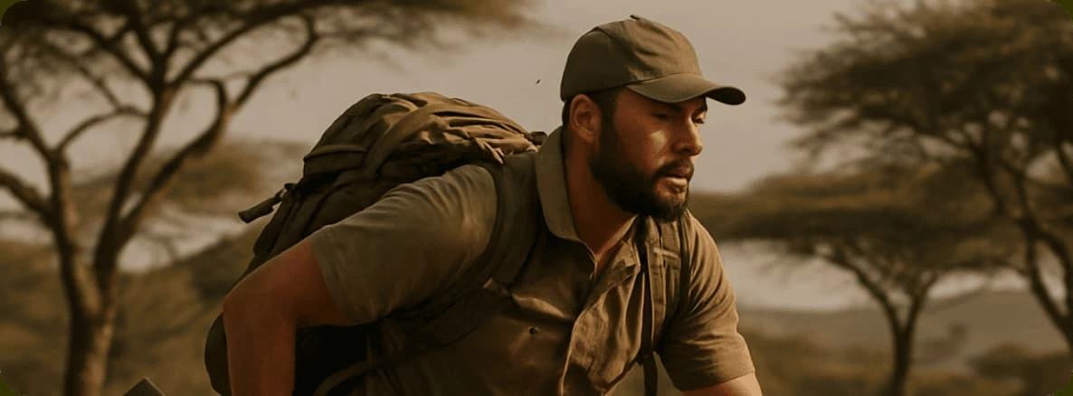 A hunter sprinting through the African savanna, wearing tactical gear and carrying a rifle amidst dry grass and acacia trees