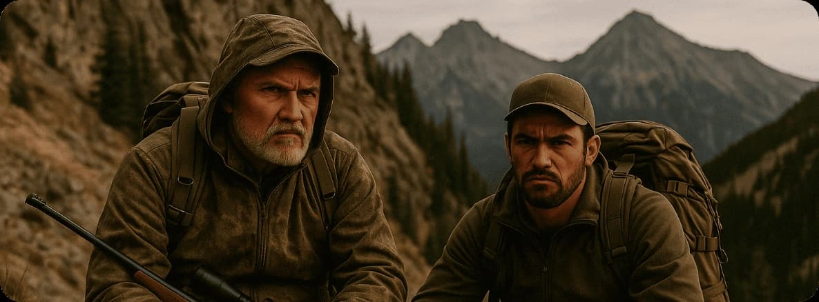Two hunters navigating mountain terrain as part of their Super Slam of North America journey