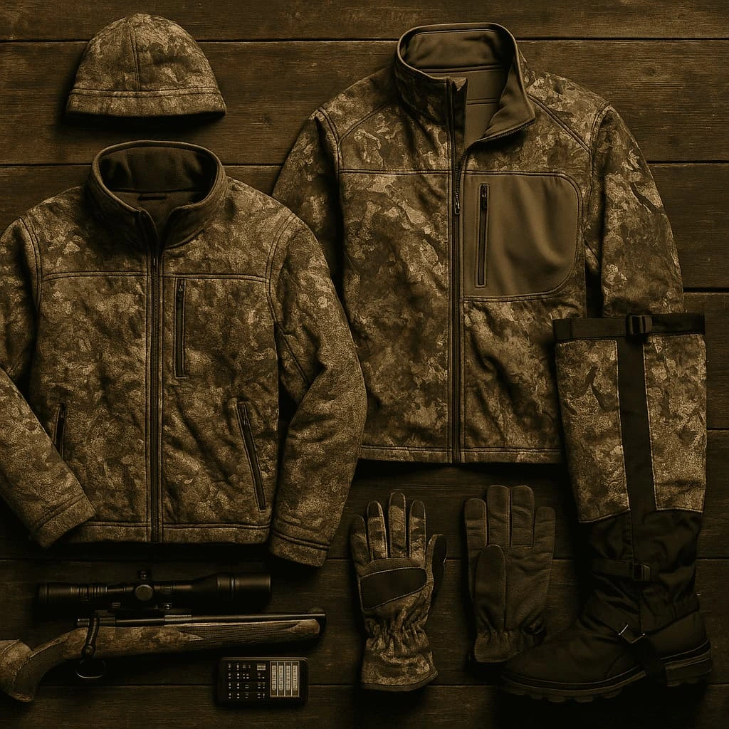 Realistic flat lay of layered hunting clothing including jackets, gaiters, gloves, and headgear for various weather conditions during North American Super Slam expeditions