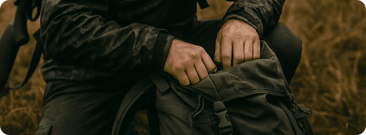 A hunter in the tundra under rain, searching through his backpack during a European deer hunt