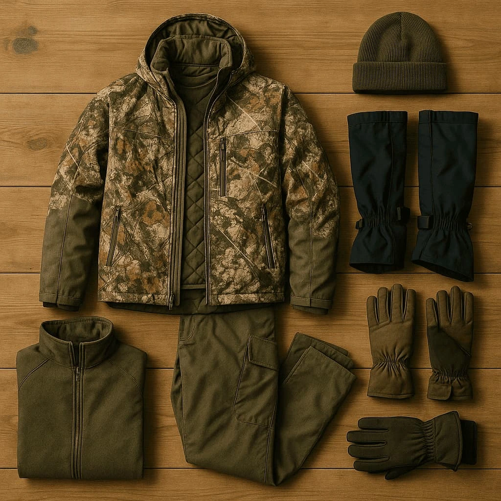 Realistic flat lay of essential field kit gear for North American Super Slam, including a modular hunting backpack, survival knife, compact shelter, hydration system, and high-calorie food packs
