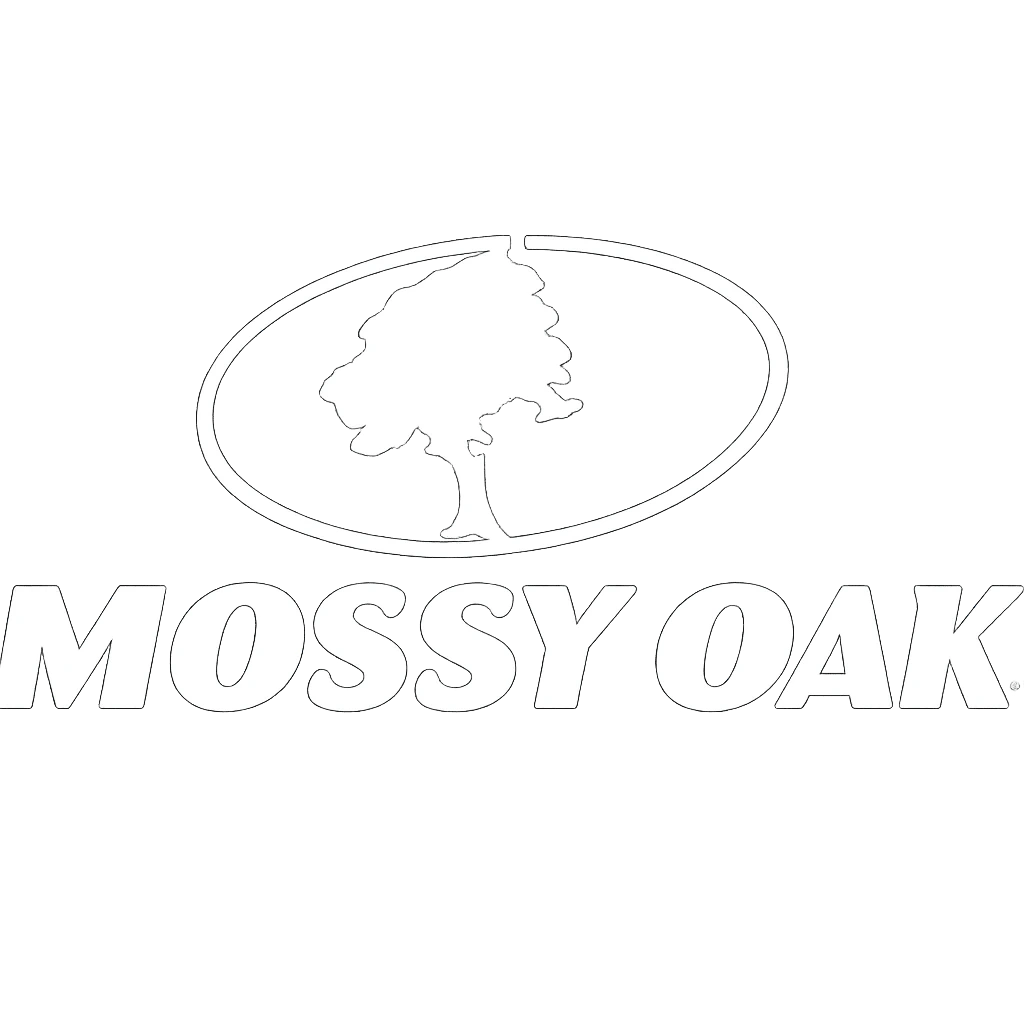 Mossy Oak logo in white featuring an oak tree and silhouette, used in hunting gear branding