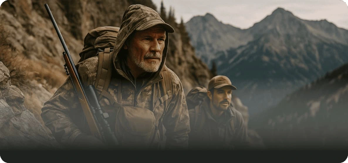 Hunters hiking a mountain trail during a Super Slam of North America expedition