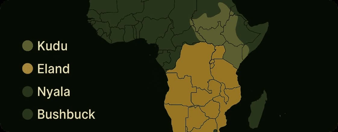 Map of Africa highlighting regions where spiral-horned antelope are hunted, including zones for kudu, eland, nyala, and bongo